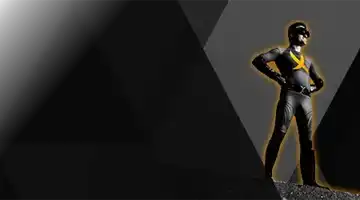 Изображение персонажа-супергероя в эффектной позе на темном фоне, рекламирующего бонус за пополнение от Melbet с драматичной и уверенной позой.